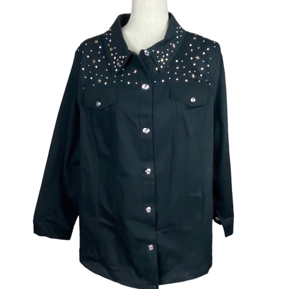 NEW Quacker Factory black jean jacket size 2X bling sequins stars rhinestones - Picture 2 of 8